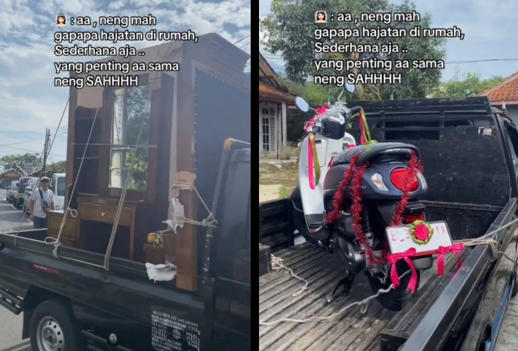 Viral Seserahan Pernikahan Bak Pindahan Rumah, Ada Lemari Hingga Meja Rias. Gambar: Kolase Tangkapan Layar Tiktok/@permaisuri.wo