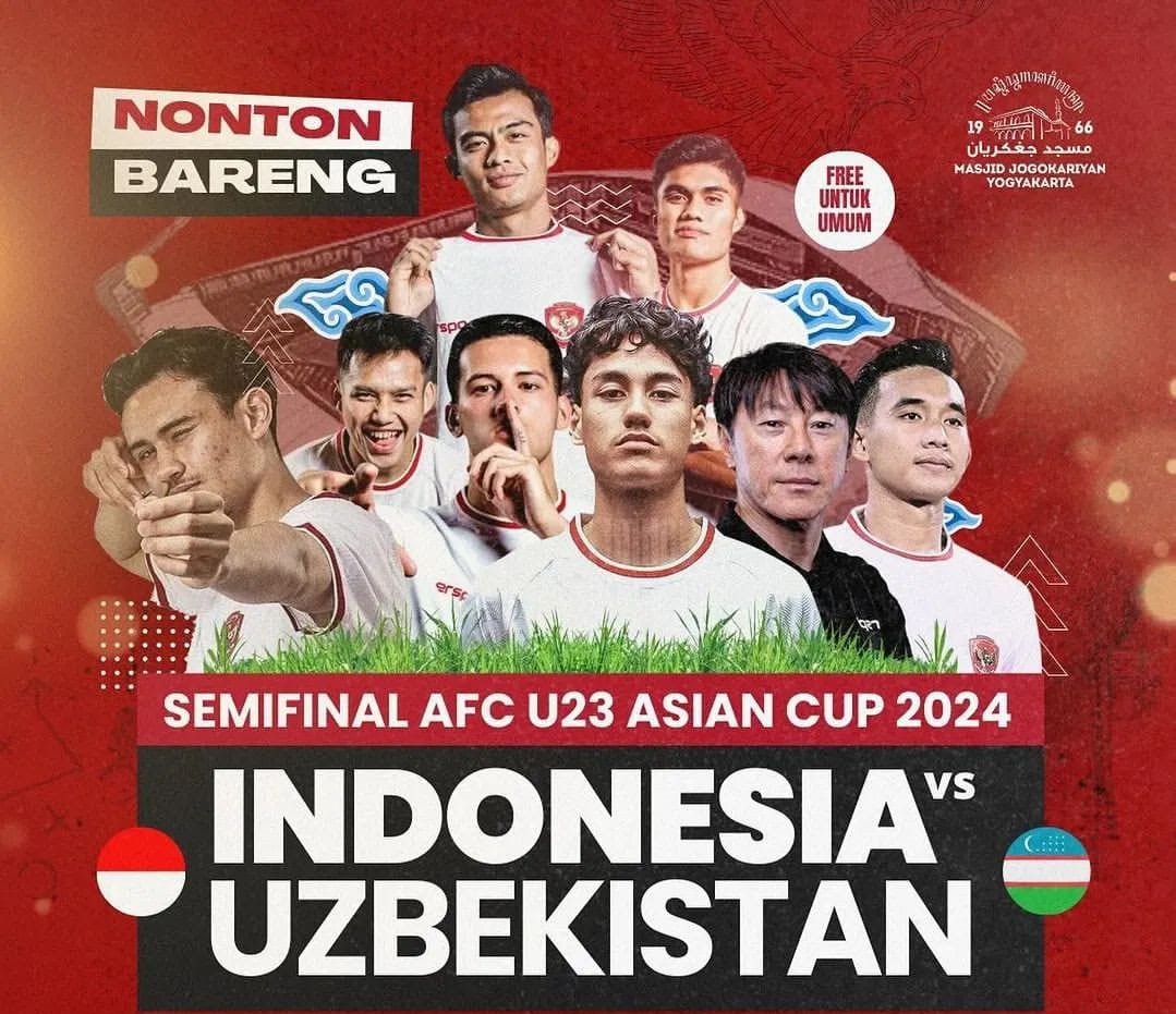 Poster nobar Indonesia VS Uzbekistan di Plaza Masjid Jogokariyan Yogyakarta