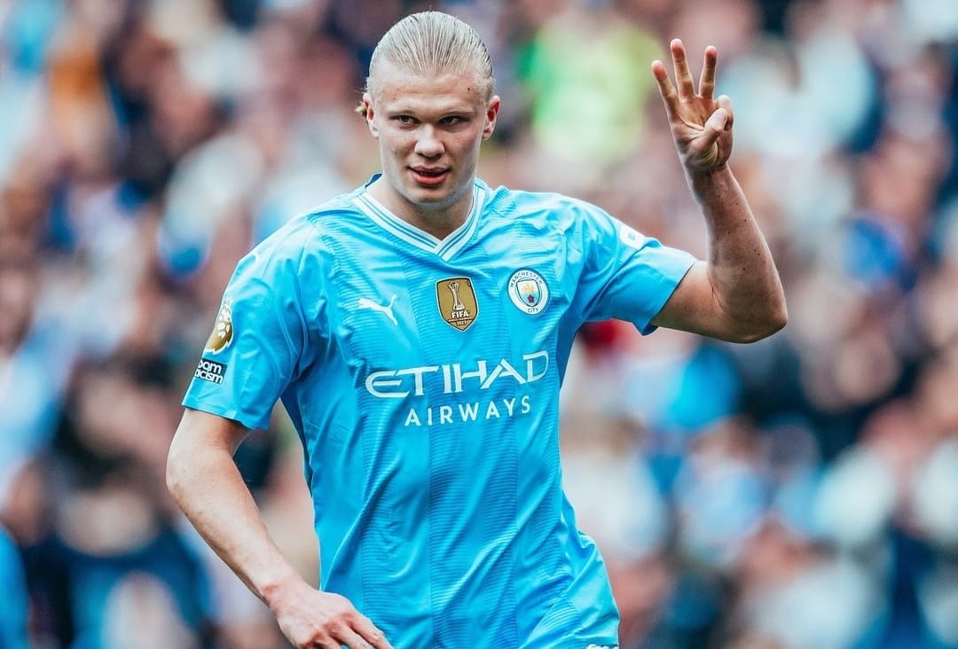 Selebrasi Erling Haaland usai mencetak tiga gol ke gawang Wolves (ig mancity)