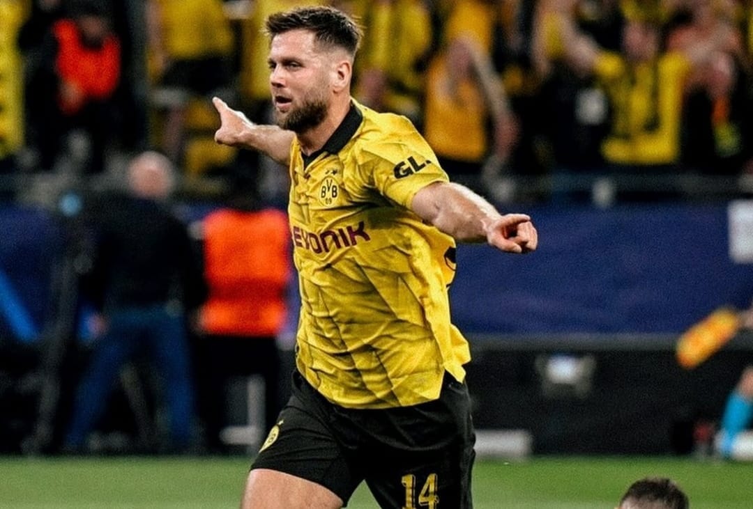 Selebrasi Niclas Fullkrug usai mencetak gol kemenangan Borussia Dortmund atas PSG pada leg pertama di Signal Iduna Park (ig bvb09)