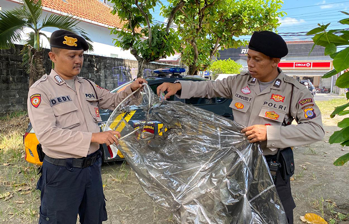 BAHAYAKAN PENERBANGAN: Polisi bersama warga mengevakuasi balon udara yang nyangkut di sebuah pohon sengon di wilayah Sewon, Bantul.Dok Polres Bantul