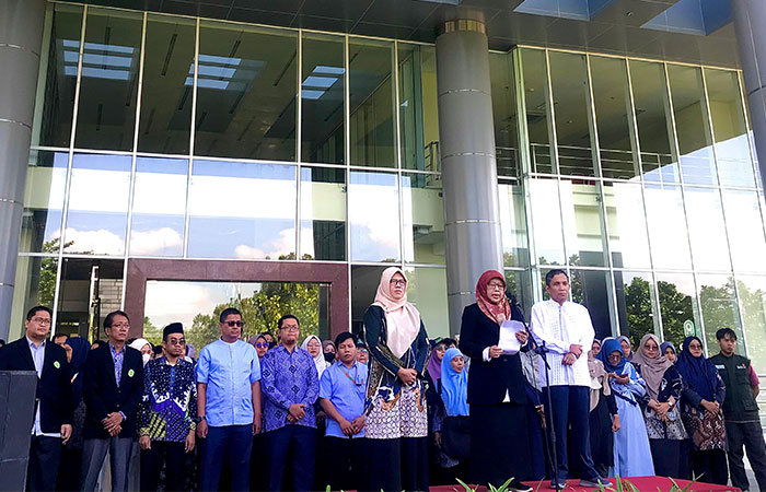 PEDULI: Seruan aksi pernyataan sikap yang dilakukan oleh Unisa Jogjakarta sebagai bentuk dukungan dan solidaritas kepada Palestina kemarin (7/5).