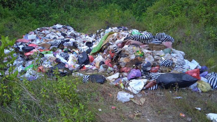 Tumpukan sampah di lahan bekas tambang batu kapur Kalurahan Mulusan, Kapanewon Paliyan, Gunungkidul.
