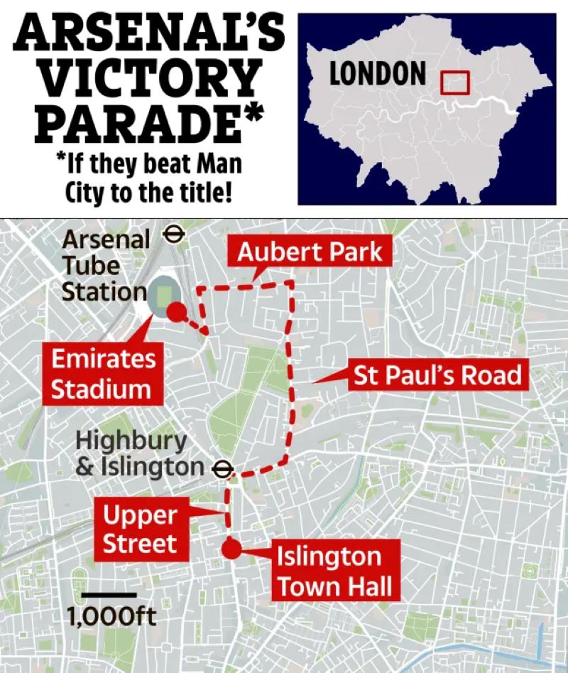Rute parade kemenangan Arsenal jika berhasil menjadi juara Liga Inggris (