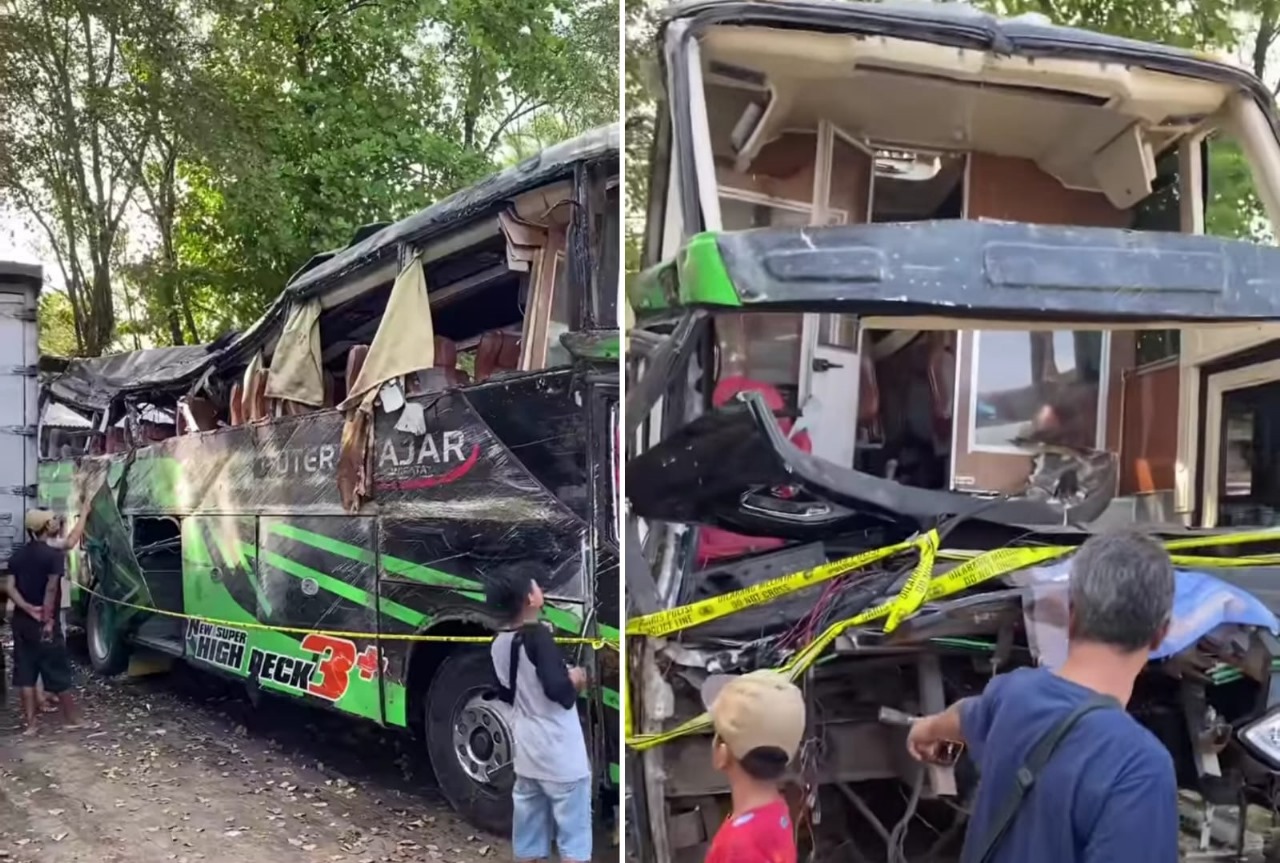 Tangkapan layar kondisi bus pariwisata Trans Putera Fajar usai mengalami kecelakaan