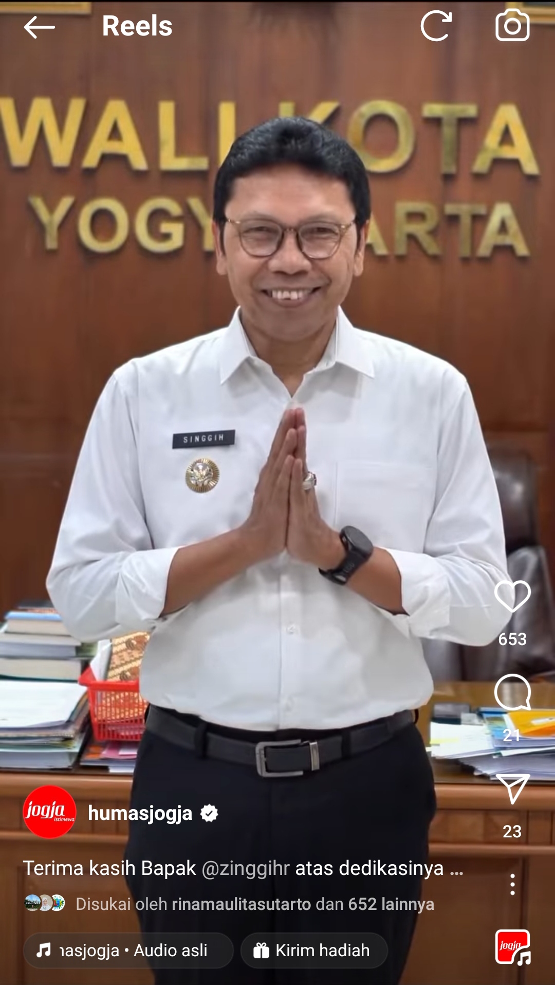 Konten pamitan Penjabat Wali Kota Jogja periode 2023-2024 Singgih Raharjo yang di-posting akun medsos Humas Pemda DIY disoal
