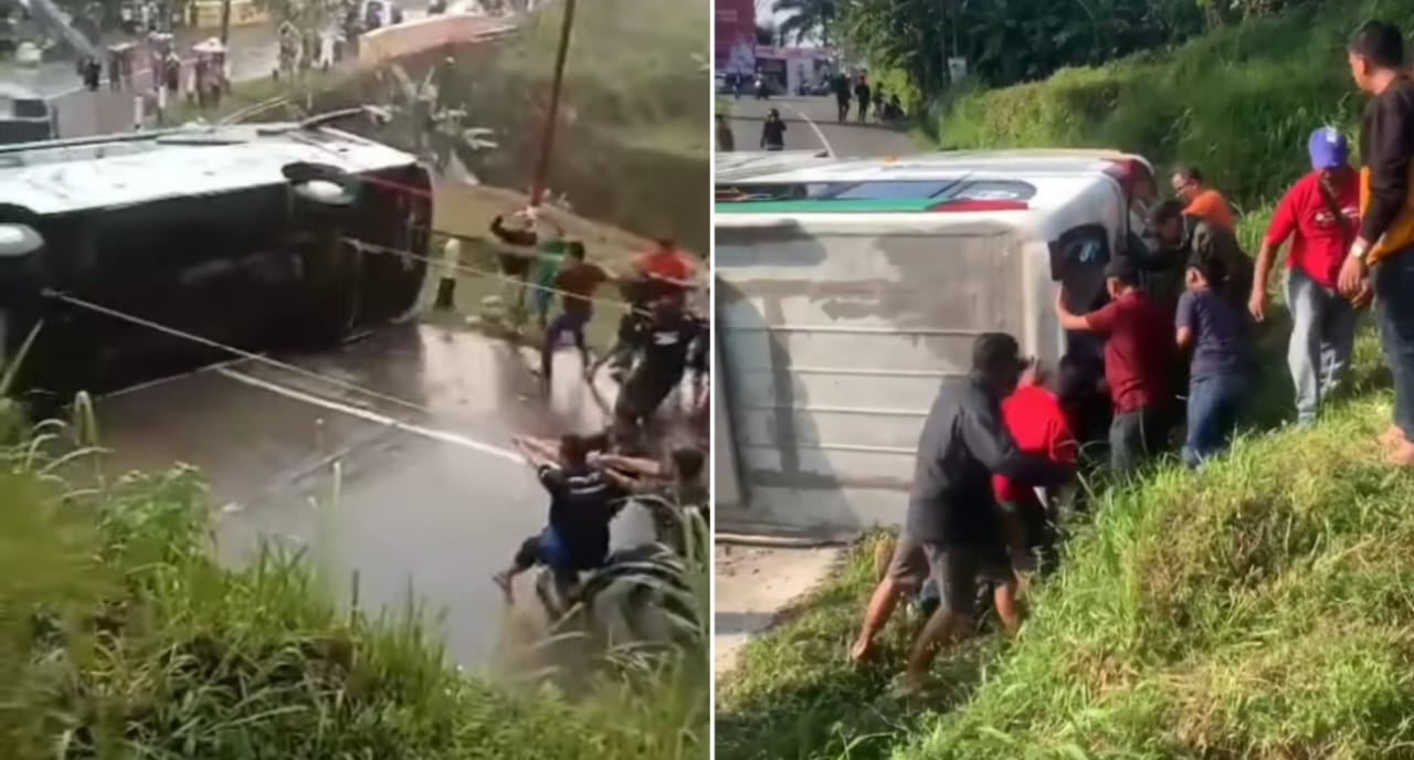 Sejumlah warga bersama dengan petugas membantu evakuasi bus terguling di Desa Puntukrejo, Karanganyar (instagram/@merapi_uncover)