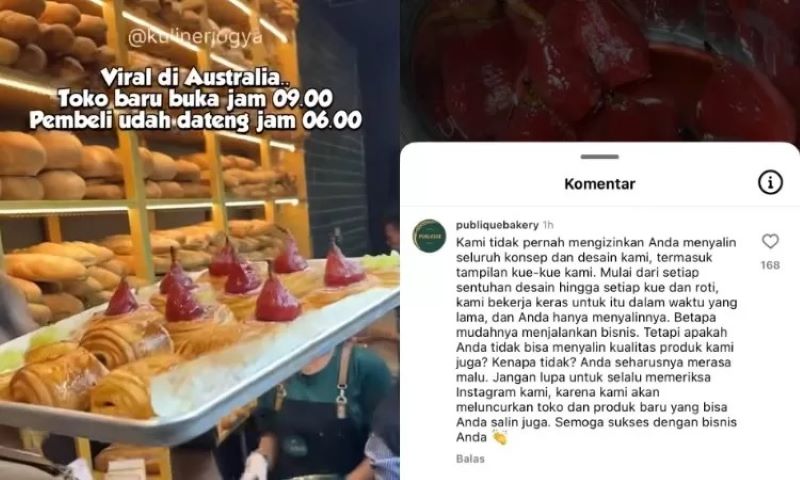 Tangkapan layar toko roti Circle Bakery (kiri) dan komentar akun toko roti Australia Publique Bakery (kanan).