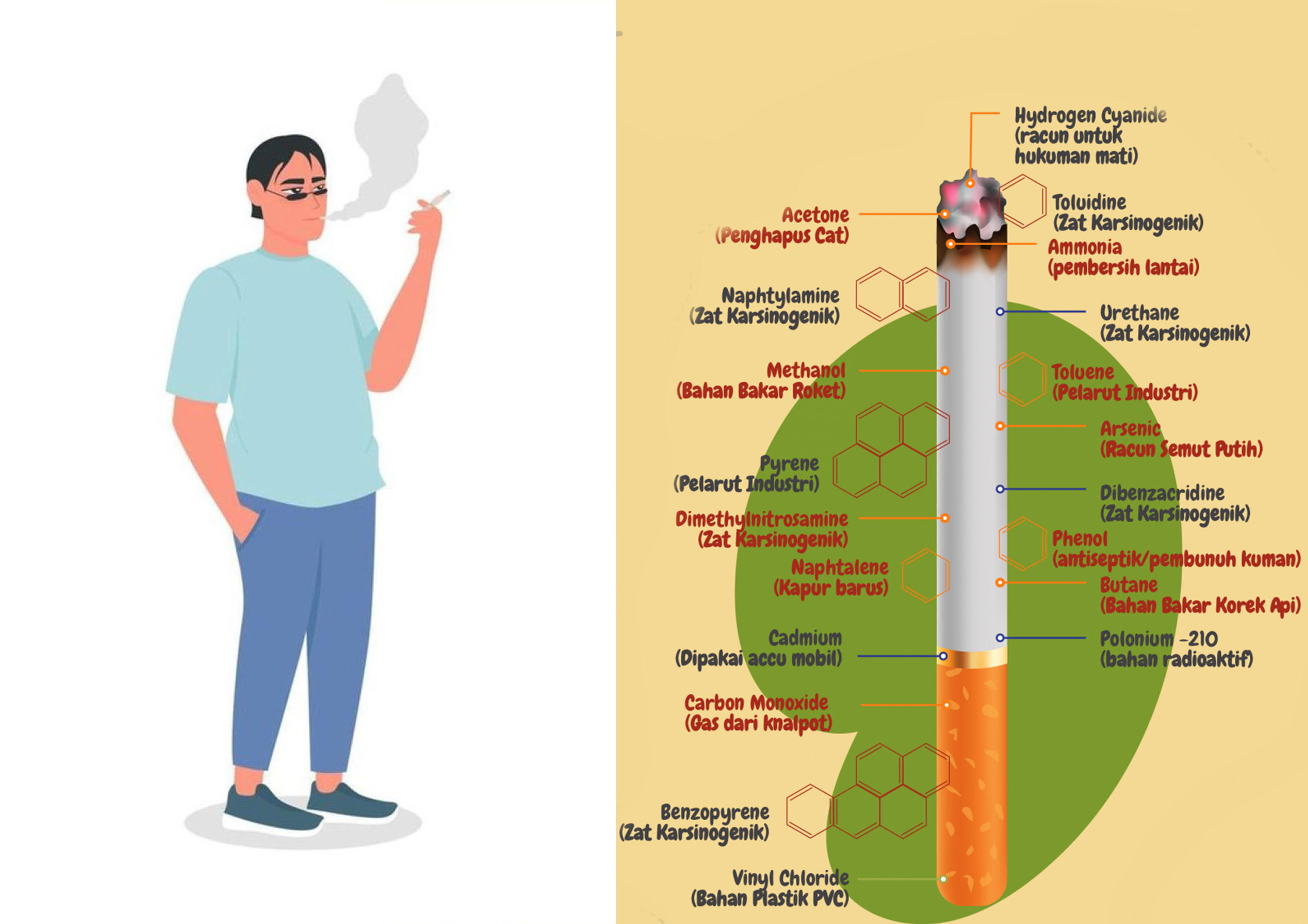 Ilustrasi aktivitas merokok dan zat kandungan dalam rokok.