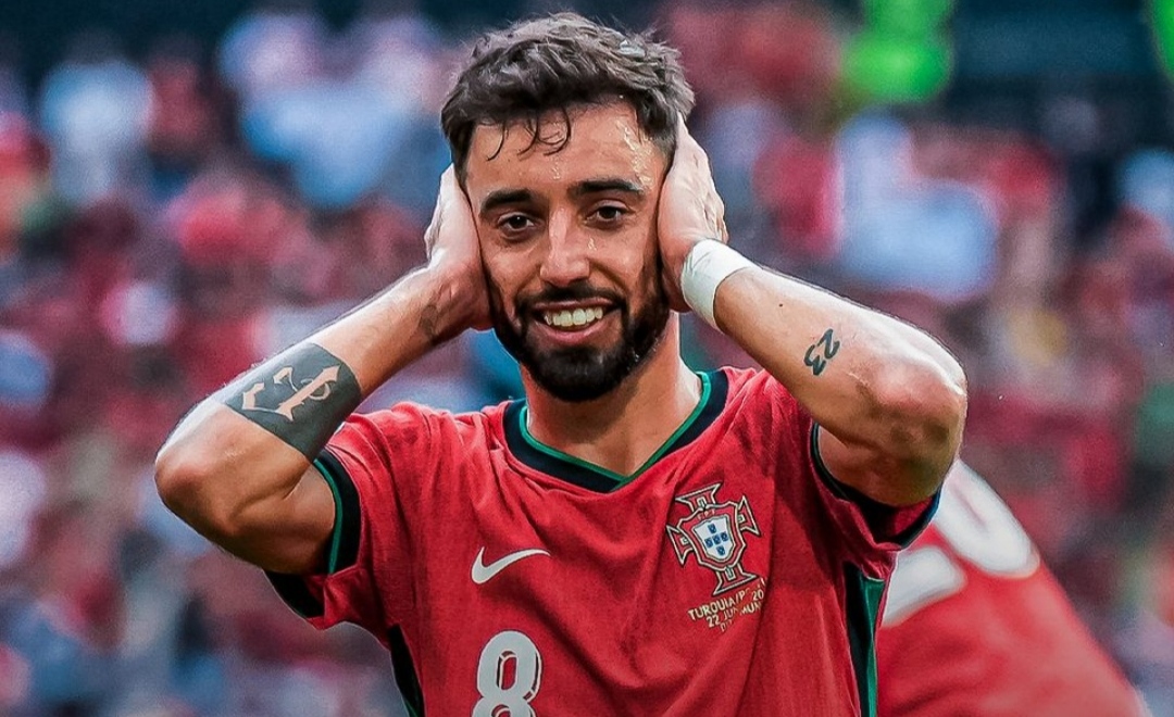 Selebrasi Bruno Fernandes usai menjebol gawang Turki memanfaatkan umpan Ronaldo