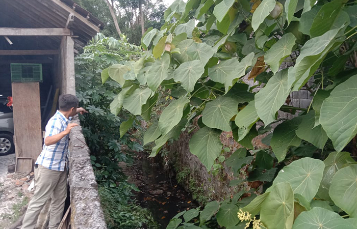 BAU TAK SEDAP: Sigit Iwan menunjukkan lokasi paralon yang mengeluarkan limbah yang diduga berasal dari Superindo Palagan.Delima&nbsp;Purnamasari/Radar Jogja