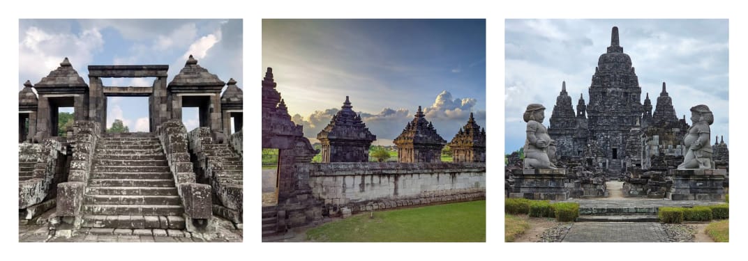 (Dari kiri) Candi Ratu Boko, Candi Plaosan, Candi Sewu (Gmaps)
