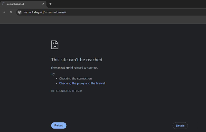 Tangkapan layar situs https://slemankab.go.id yang dilakukan penutupan akses jaringan eksternal oleh Kominfo Sleman.Delima Purnamasari/Radar Jogja