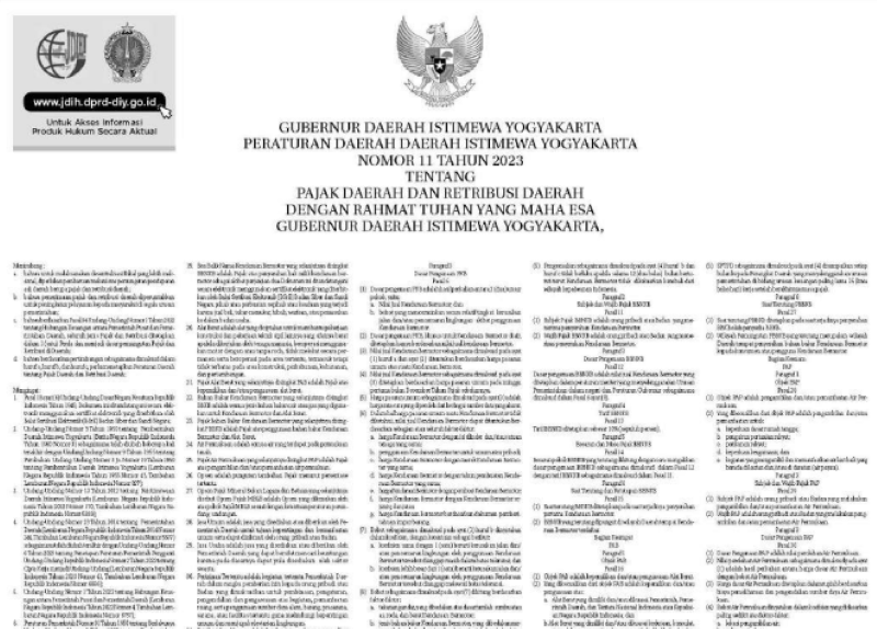 Peraturan Daerah Daerah Istimewa Yogyakarta Nomor 11 Tahun 2023 Tentang Pajak Daerah dan Retribusi Daerah