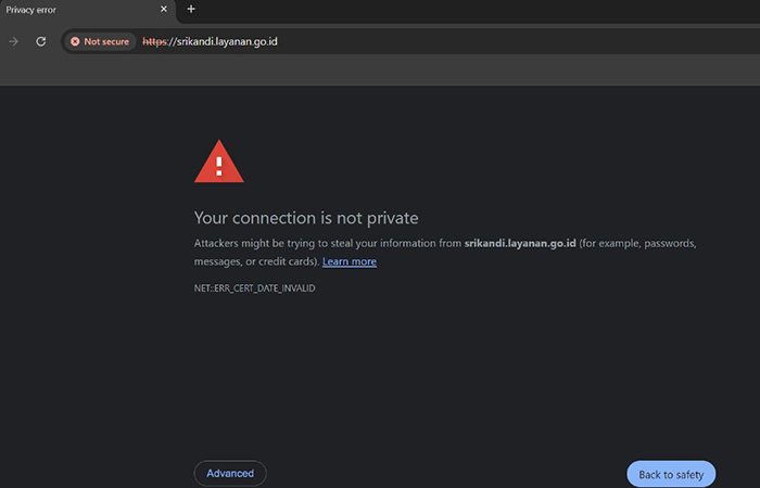 ERROR: Tangkapan layar Sistem Informasi Kearsipan Dinamis Terintegrasi (Srikandi) milik yang tidak bisa digunakan.Delima Purnamasari/Radar Jogja