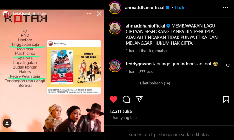Postingan instagram Ahmad Dhani yang mengunggah ulang instagram story band Kotak mengenai daftar lagu yang dibawakan saat manggung di acara Opening PORKAB VII Cianjur di Cianjur pada 13 Juli lalu.