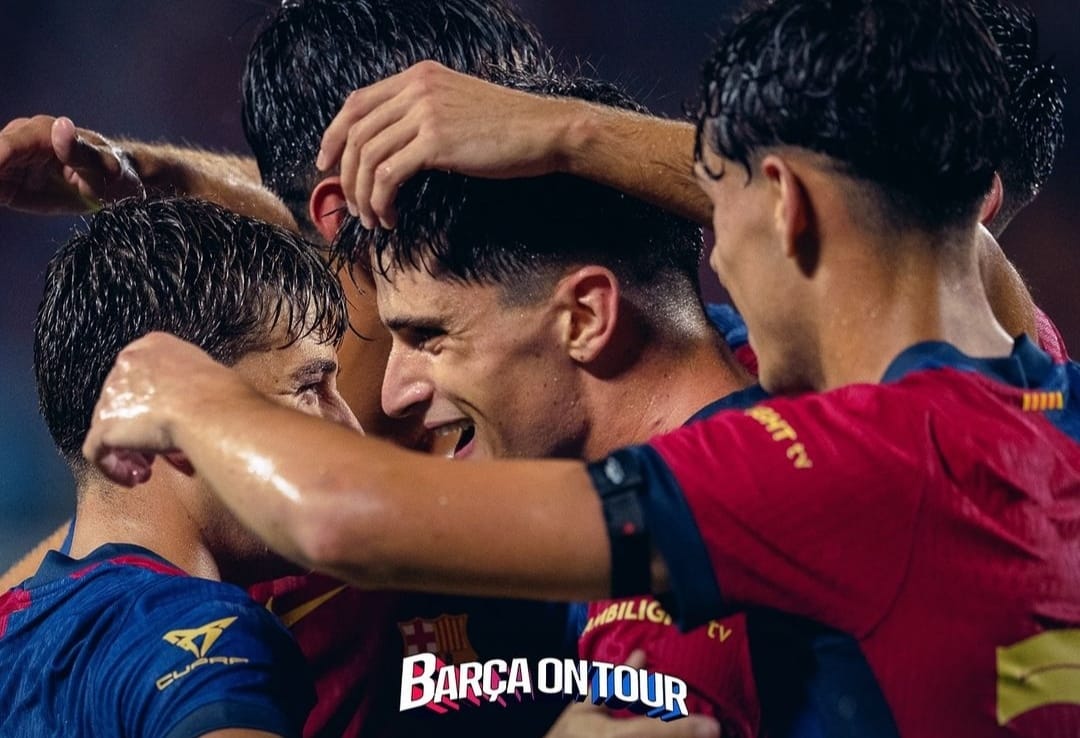 Penggawa Barcelona rayakan kemenangan atas Manchester City dalam pertandingan persahabatan (ig fcbarcelona)