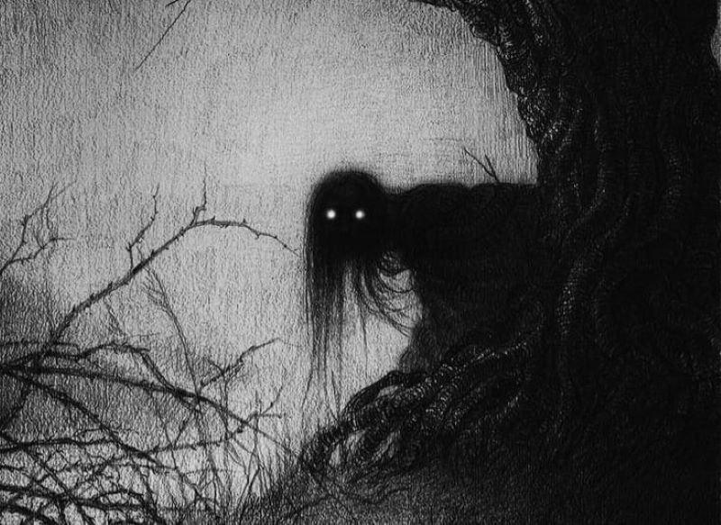Ilustrasi hantu engklek-engklek yang mengerikan.