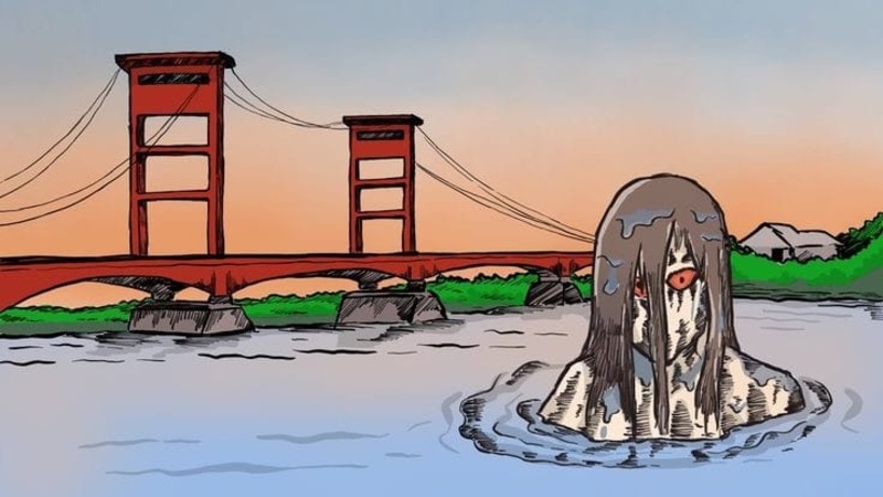 Ilustrasi hantu banyu yang meneror manusia dari dalam air.