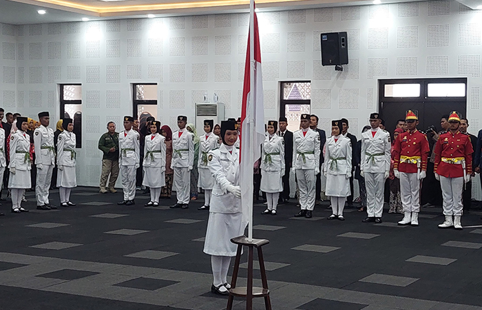 PENGUKUHAN: Anggota Paskibraka Kulon Progo mengikuti pengukuhan.ANOM BAGASKORO/RADAR JOGJA