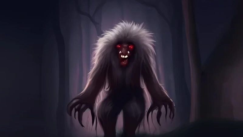 Ilustrasi dari hantu Mariaban dengan matanya yang merah menyala.