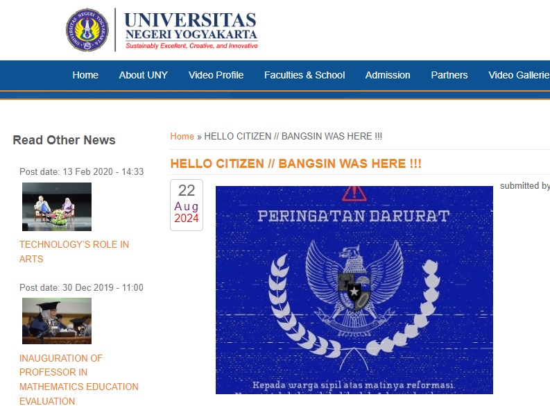 Situs Universitas Negeri Yogyakarta (UNY) diretas oleh seseorang. Halaman web diganti background biru, dengan logo Garuda Pancasila dengan tulisan Peringatan Darurat