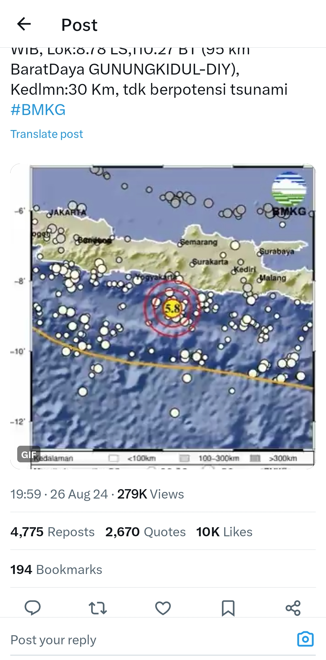 Gempa berkekuatan 5,8 magnitudo guncang wilayah DIY dan sekitarnya, Senin (26/8/2024).