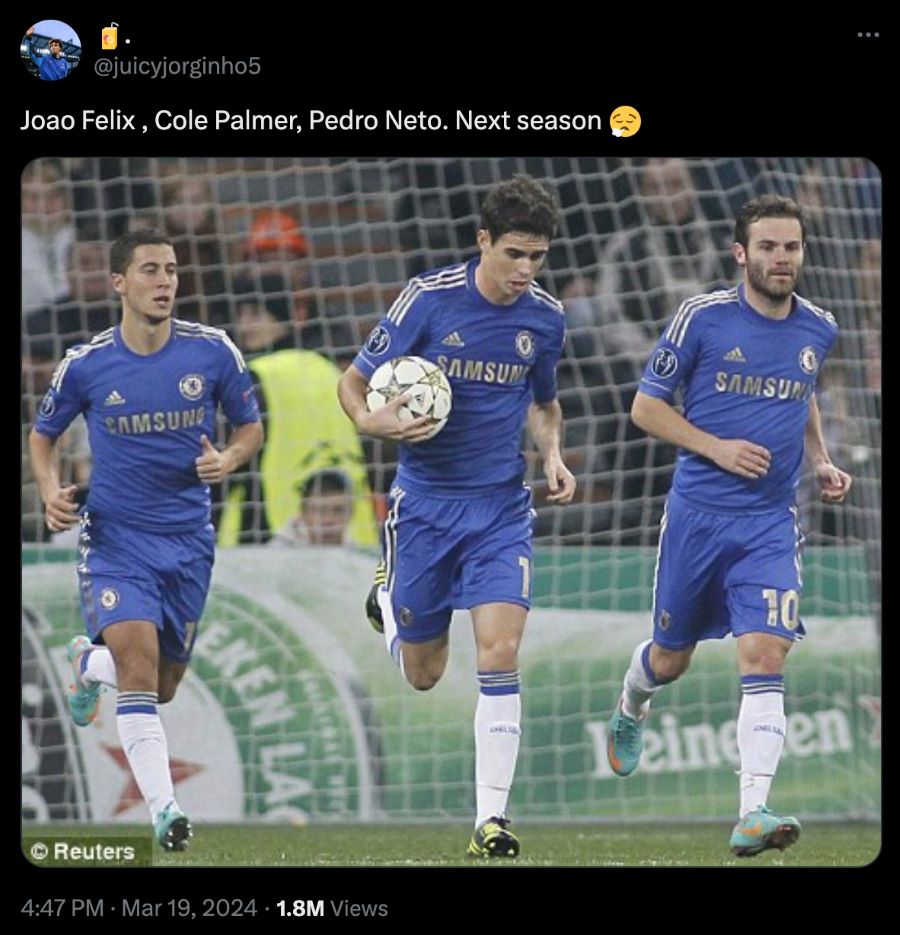 postingan yang dibuat @Juicyjorginho5 yang memperediksi trio inti Chelsea yang menjadi kenyataan (getty)
