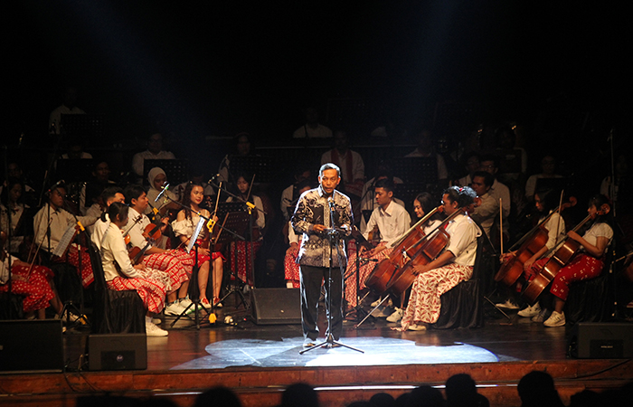 Konser orkestra dan paduan suara Internalisasi Kesejarahan Serenade Bunga Bangsa, di Concert Hall Taman Budaya Yogyakarta (TBY), Kamis malam (29/8).&nbsp;GUNTUR AGA TIRTANA/RADAR JOGJA