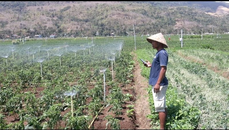 INOVATIF: Aipda Anto Harmoko saat merawat lahan pertaniannya dengan memanfaatkan teknologi.