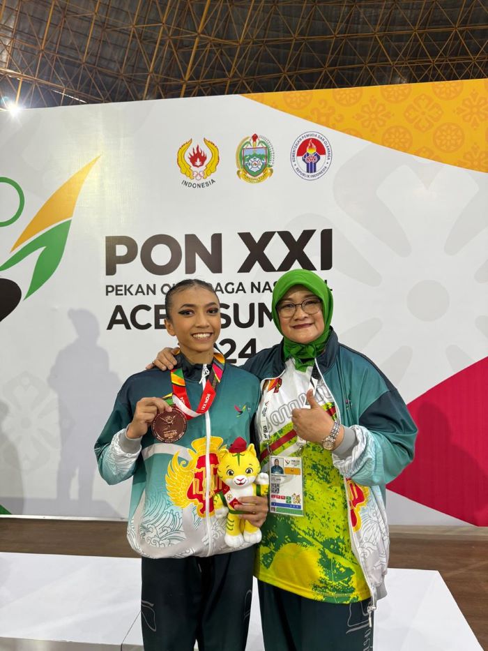 Salah satu atlet senam aerobik DIY Elmalia Virdania Putri yang turun di nomor single women berhasil meraih medali perunggu