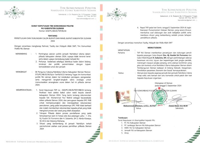Surat keputusan Nahdlatul Ulama (NU) Sleman untuk mendukung Kustini Sri Purnomo dan Sukamto pada Pilkada Sleman 2024