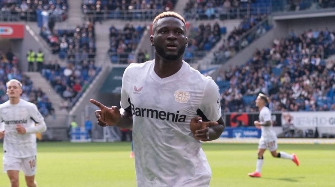 Selebrasi Victor Boniface usai mencetak gol ke gawang Hoffenheim bagi Bayer Leverkusen dalam lanjutan Bundesliga (ig bayer04fussball)