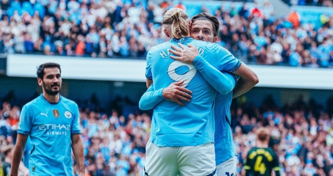 Selebrasi Erling Haaland usai mencetak gol ke gawang Brentford bagi Manchester City dalam lanjutan Liga Inggris (ig mancity)