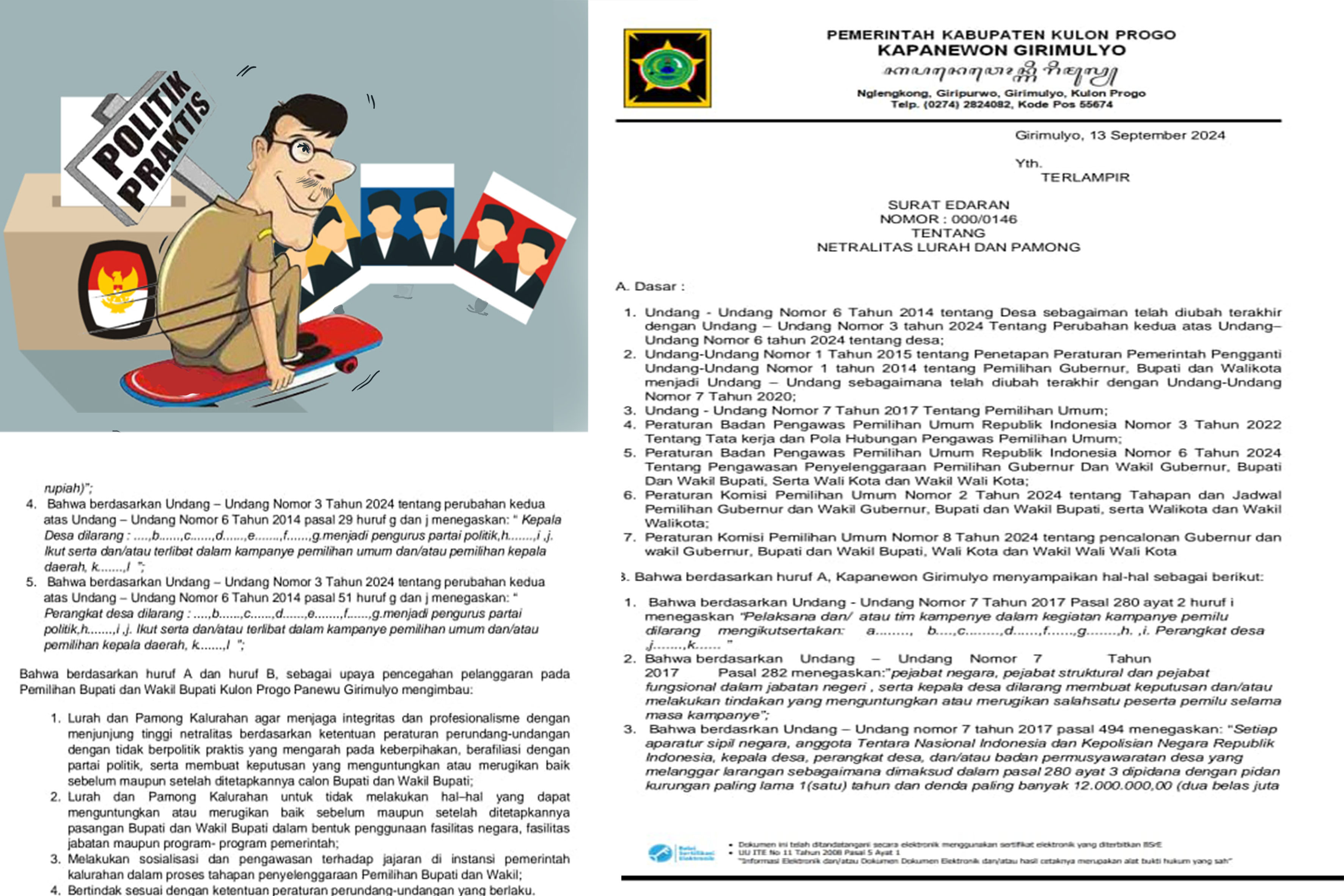 Surat teguran bawaslu terhadap netralitas lurah di Kulon Progo.