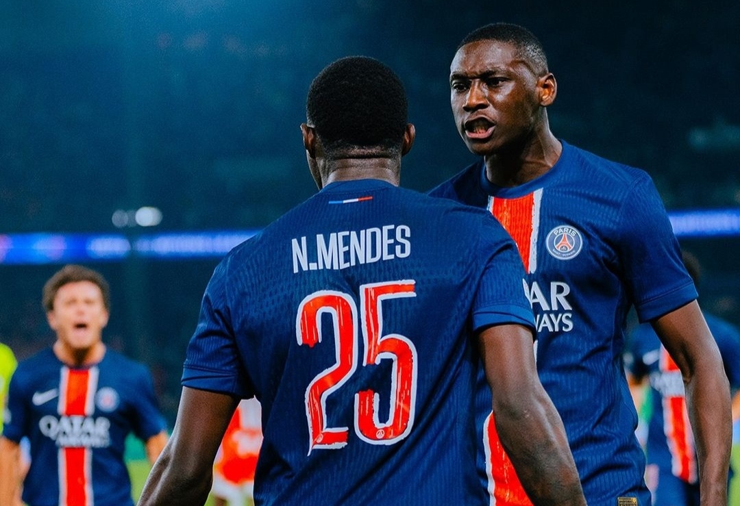 Selebrasi penggawa PSG usai Nuno Mendes cetak gol kemenangan atas Girona di laga perdana Liga Champions (ig psg)