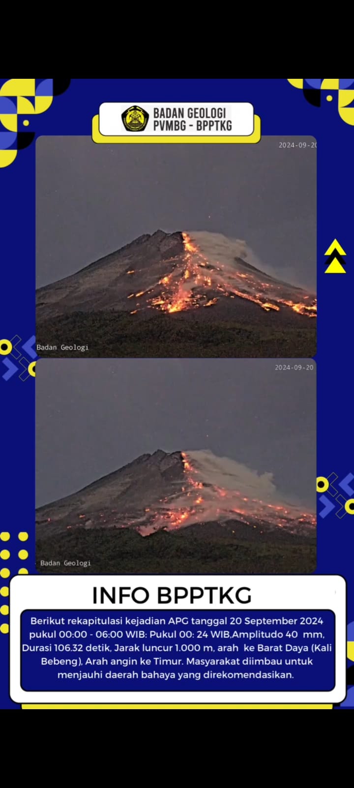 Merapi memuntahkan APG pada Jumat 20 September 2024 pukul 00.24 WIB.  (BPPTKG)