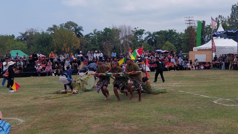 OLAHRAGA: Peserta Nglarak Blarak menyeret pelepah kelapa yang ditunggangi joki.