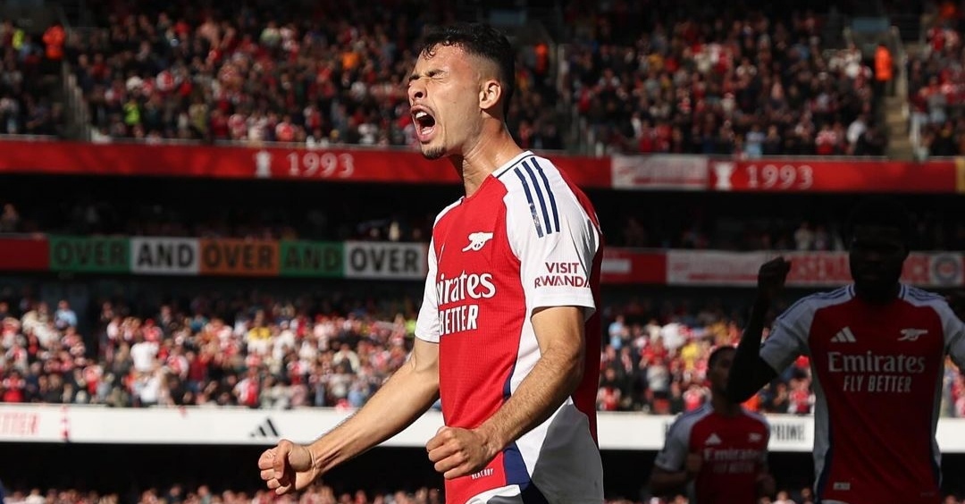 Selebrasi Gabriel Martinelli usai cetak gol ke gawang Leicester City (ig arsenal)