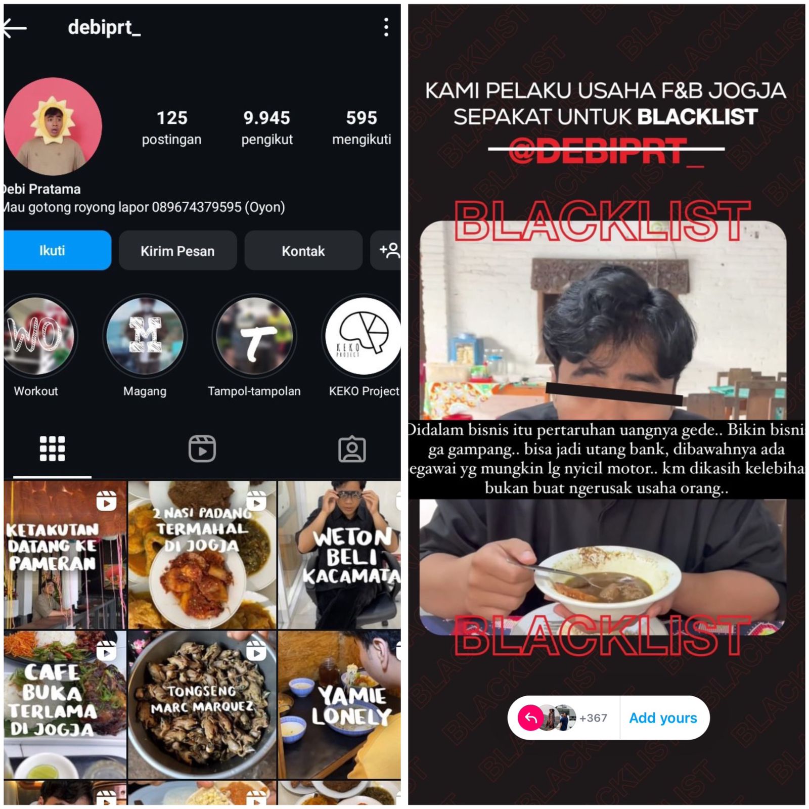 Akun food vloger ini diblokir. Screenshot seruan blacklist tersebar di X.
