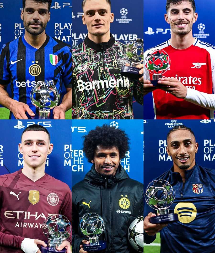 Penyerahan penghargaan MOTM - Mehdi Taremi, Florian Wirtz, Kai Havertz, Phil Foden, Karim Adayemi, Rapinha