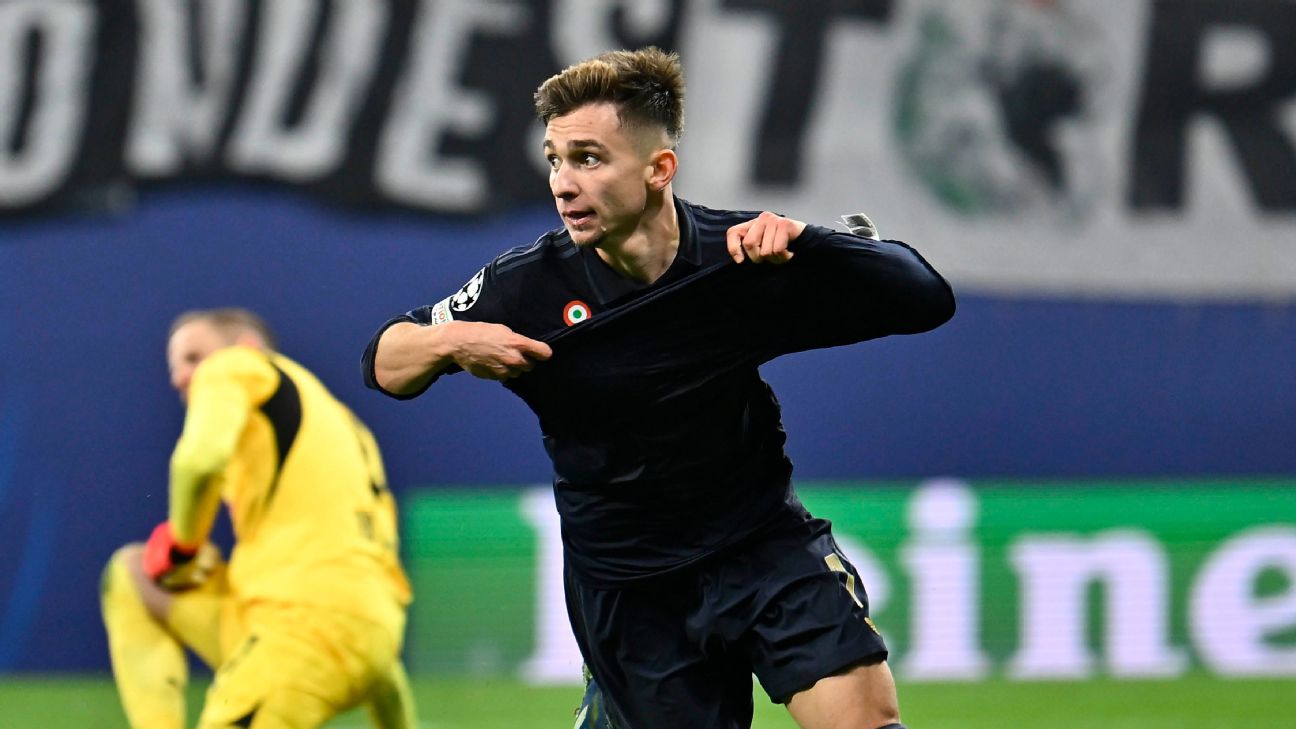 Selebrasi Francisco Conceicao setelah mencetak gol kemenangan bagi Juventus atas RB Leipzig di Liga Champions