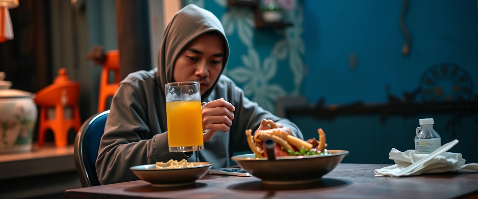 Ilustrasio Orang Sedang Makan dan Minuman Teh. (AI/ Art Generator)