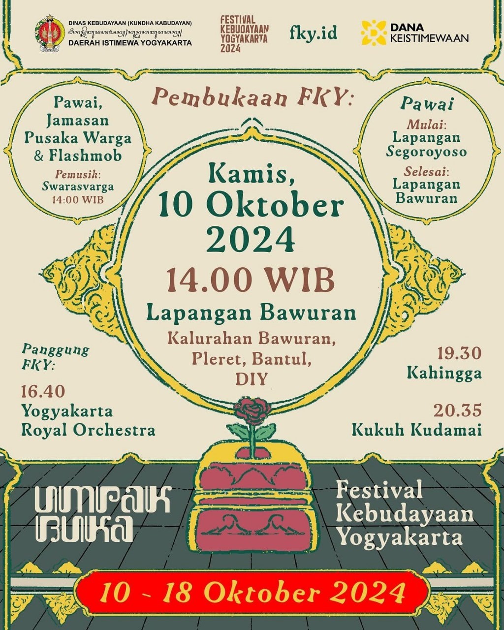 Poster Pembukaan FKY 2024 yang akan digelar tanggl 10 Oktober pukul 14.00 WIB.