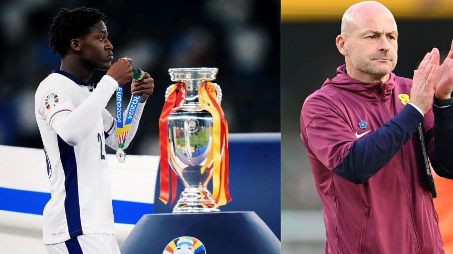 Gelandang tengah Man United Kobbie Maino di Euro 2024 bersama timnas England dan Lee Carsley pelatih baru Timnas England (twitter @england)