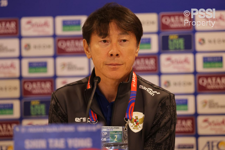 Pelatih timnas Indonesia, Shin Tae-yong dalam sesi pers pre-match skuad Garuda kontra Bahrain (PSSI)