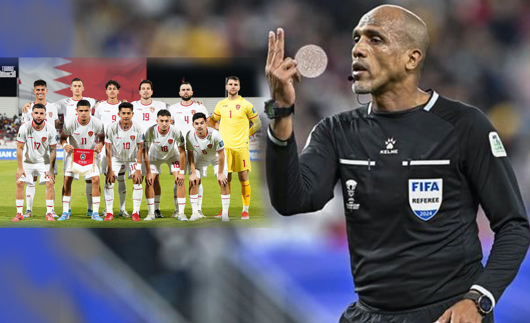 Tim Nasional Indonesia dan Wasit Ahmed Al Kaf.