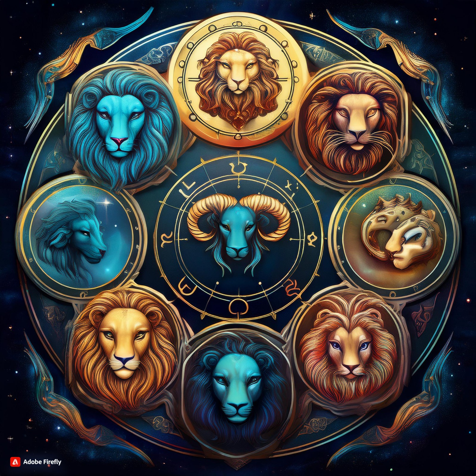 Ilustrasi Zodiak Leo, Virgo, Libra, Scorpio, dan Sagitarius. (AI/ Adobe Frefly)