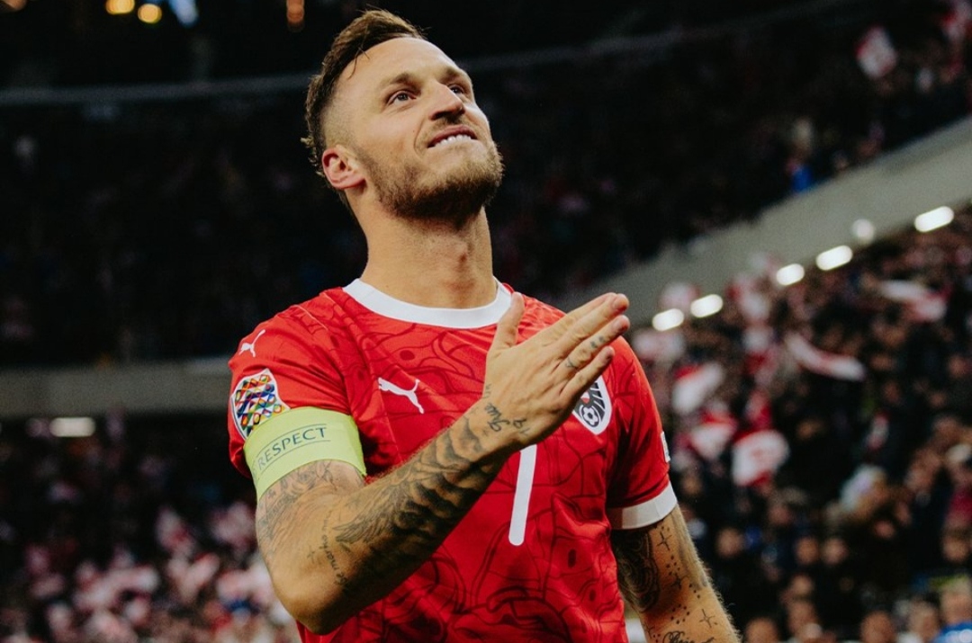 Selebrasi Marko Arnautovic usai mencetak gol ke gawang Norwegia