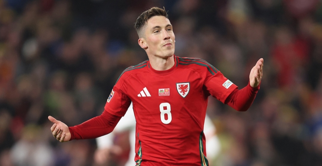 Selebrasi Harry Wilson usai mencetak gol kemenangan Wales atas Montenegro